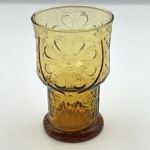Vintage Libbey Amber Daisy Sunflower Pressed Glass Tumbler 5" Mid Century MCM